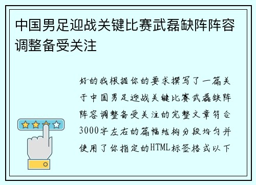 中国男足迎战关键比赛武磊缺阵阵容调整备受关注